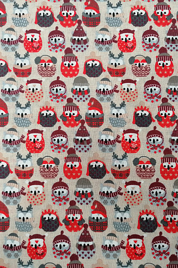 Bombažna tkanina OWLS IN WINTER rdeča