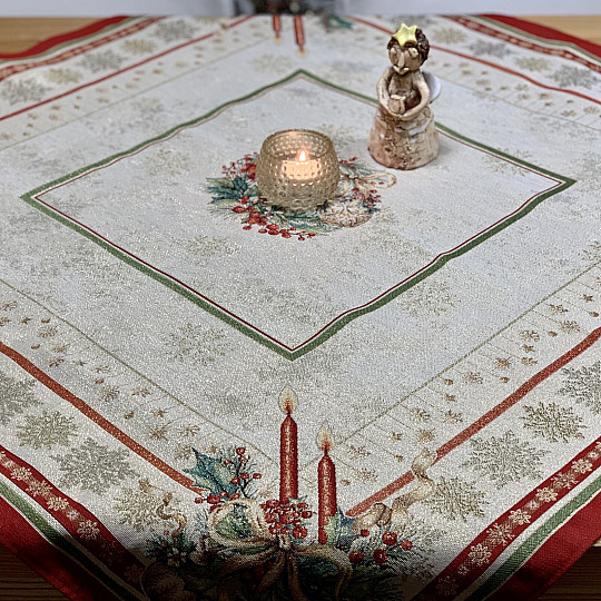 Tapiserijski prt in šal FLAMING CANDLES rdeča obroba