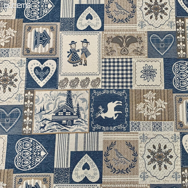 Dekorativna žakard tkanina PATCHWORK HEARTS BLUE