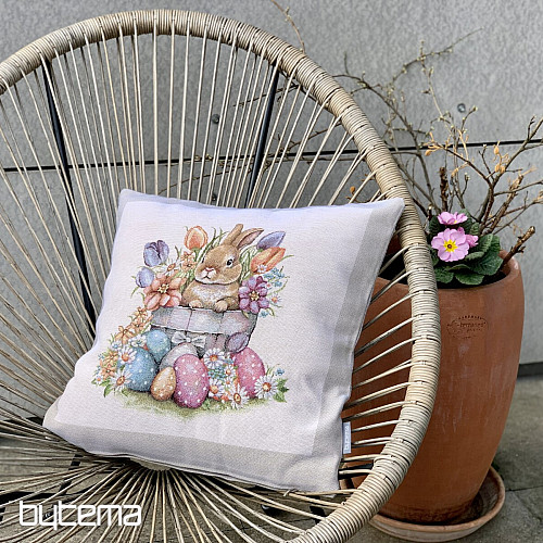 Prevleka za blazino gobelin ZAJEC V CVETLIČNEM LONČKU bež okvir