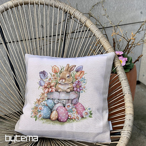 Prevleka za blazino gobelin ZAJEC V CVETLIČNEM LONČKU bež okvir