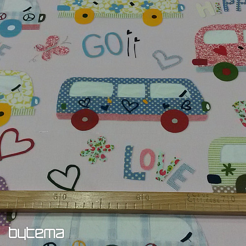 Otroška dekorativna tkanina HIPPIE CARS roza