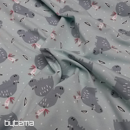 Bombažna pletenina potisk HIPPO HIPIZ mentol