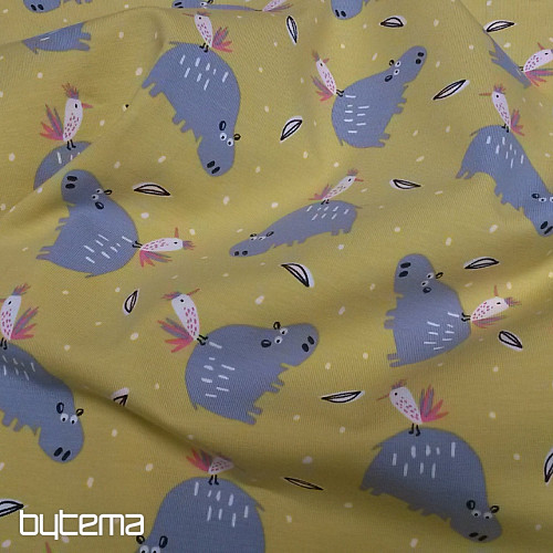 Bombažna pletenina potisk HIPPO HIPIZ rumena