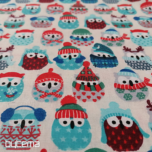 Bombažna tkanina OWLS IN WINTER modra