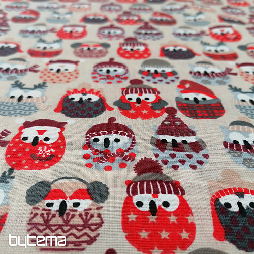 Bombažna tkanina OWLS IN WINTER rdeča