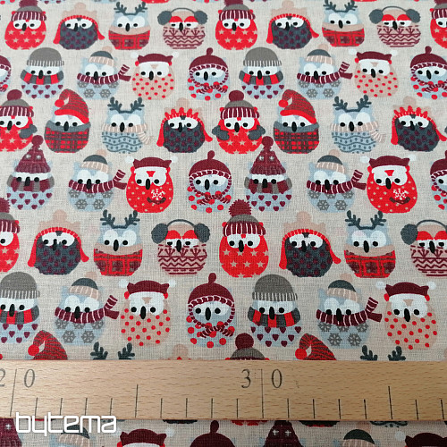 Bombažna tkanina OWLS IN WINTER rdeča