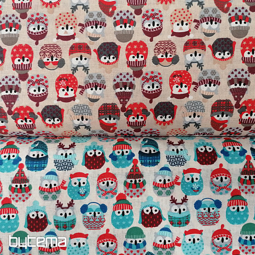 Bombažna tkanina OWLS IN WINTER rdeča