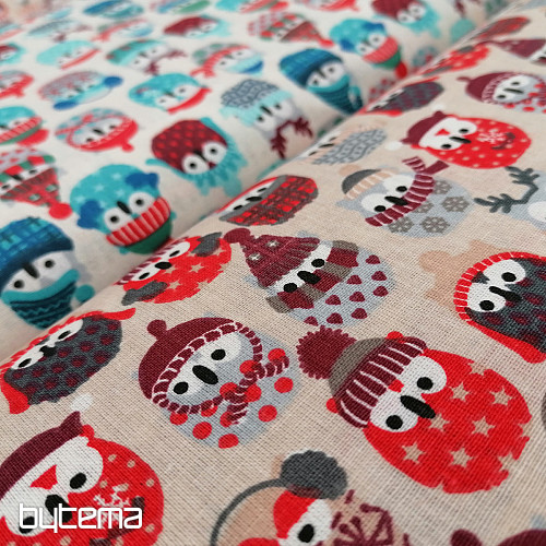 Bombažna tkanina OWLS IN WINTER rdeča